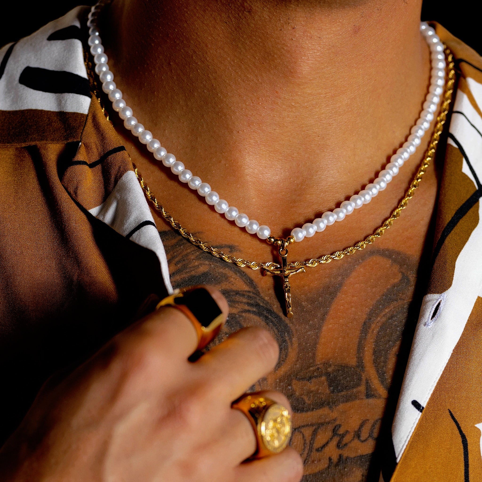 Crucifix Jesus pearl gold necklace for men front photo