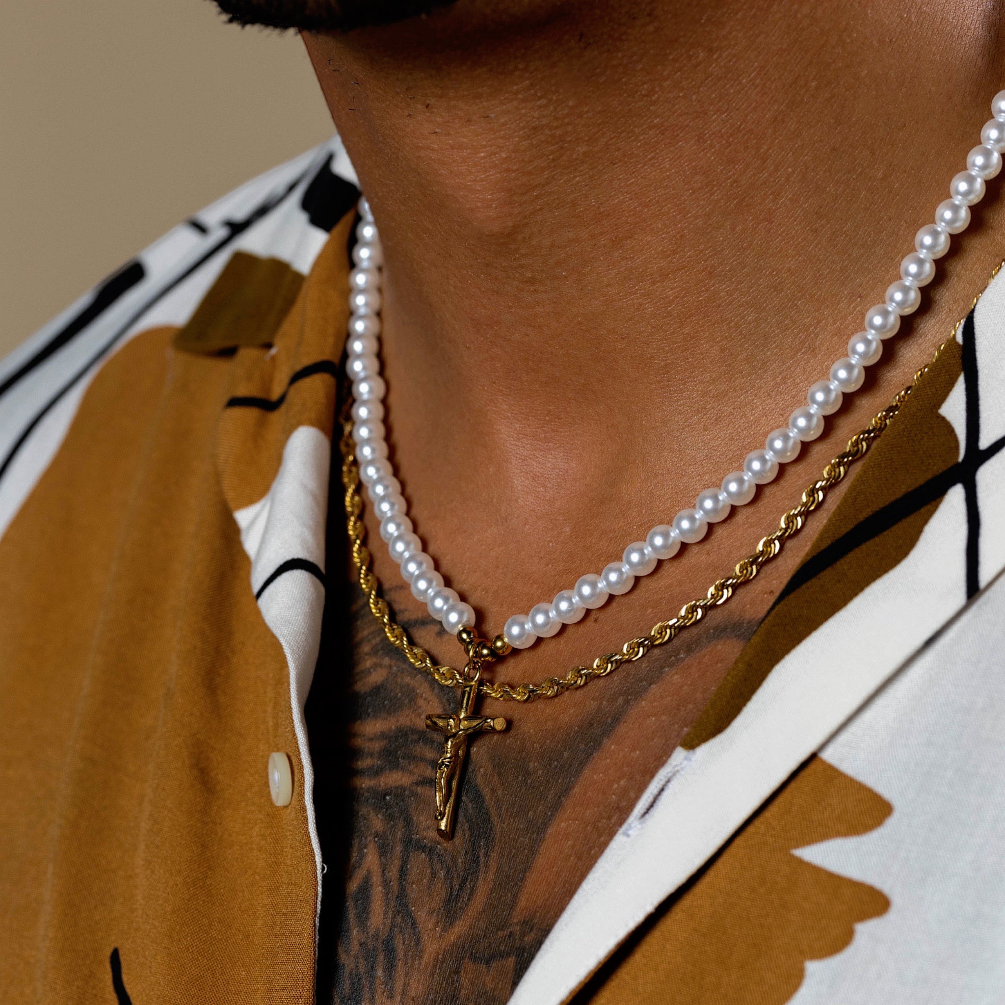 Crucifix Jesus pearl gold necklace for men detailed photo on model