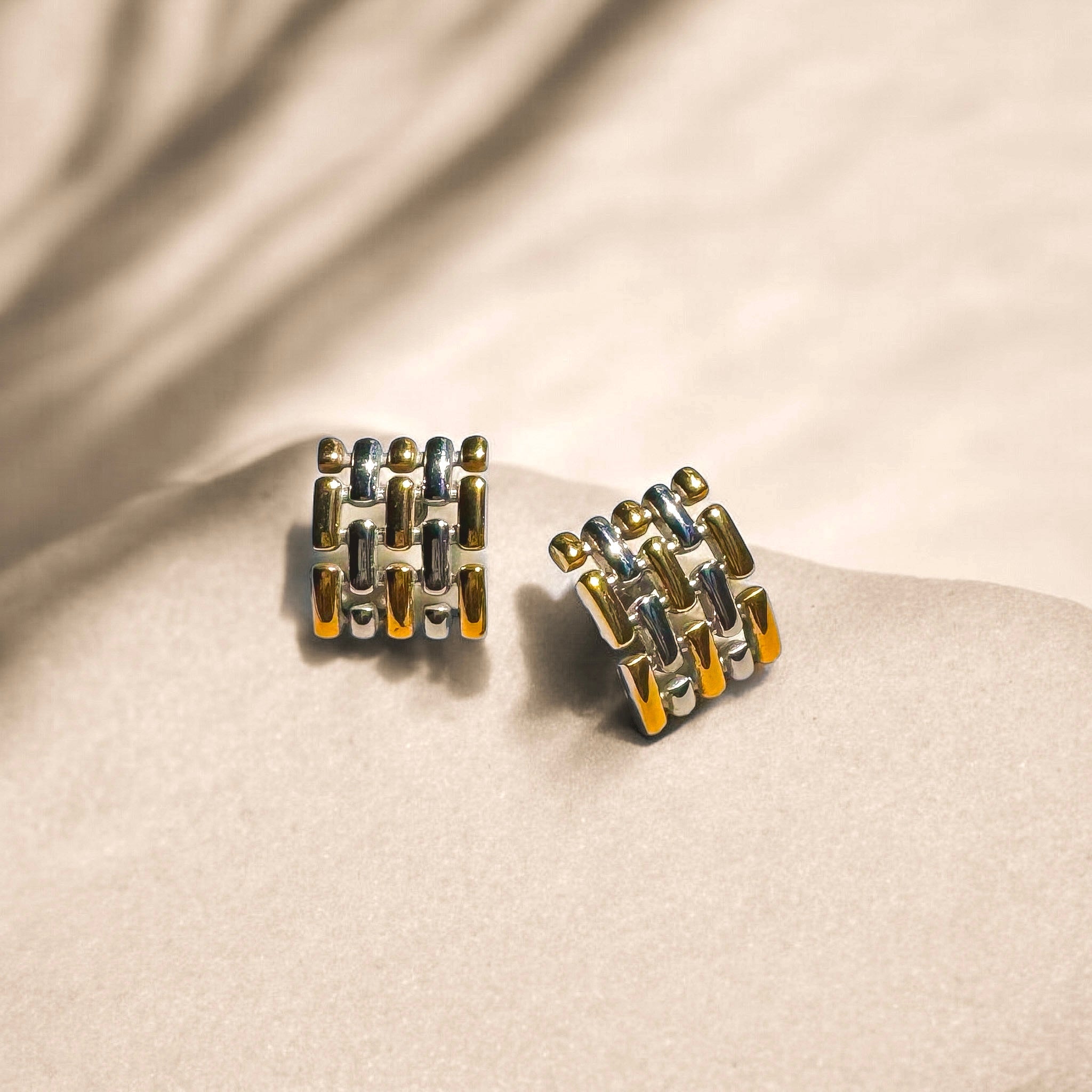 18k gold plated stainless steel surgical statement two toned stud earrings cover display photo isla
