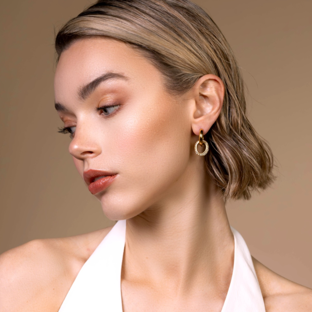 18k gold stainless steel statement earrings drop diamond hoop nyla on model side photo