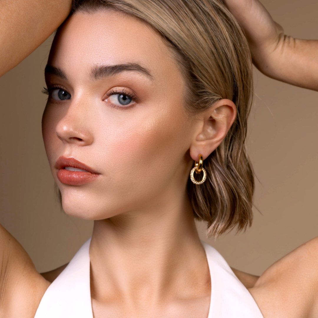 18k gold stainless steel statement earrings drop diamond hoop nyla display on model photo