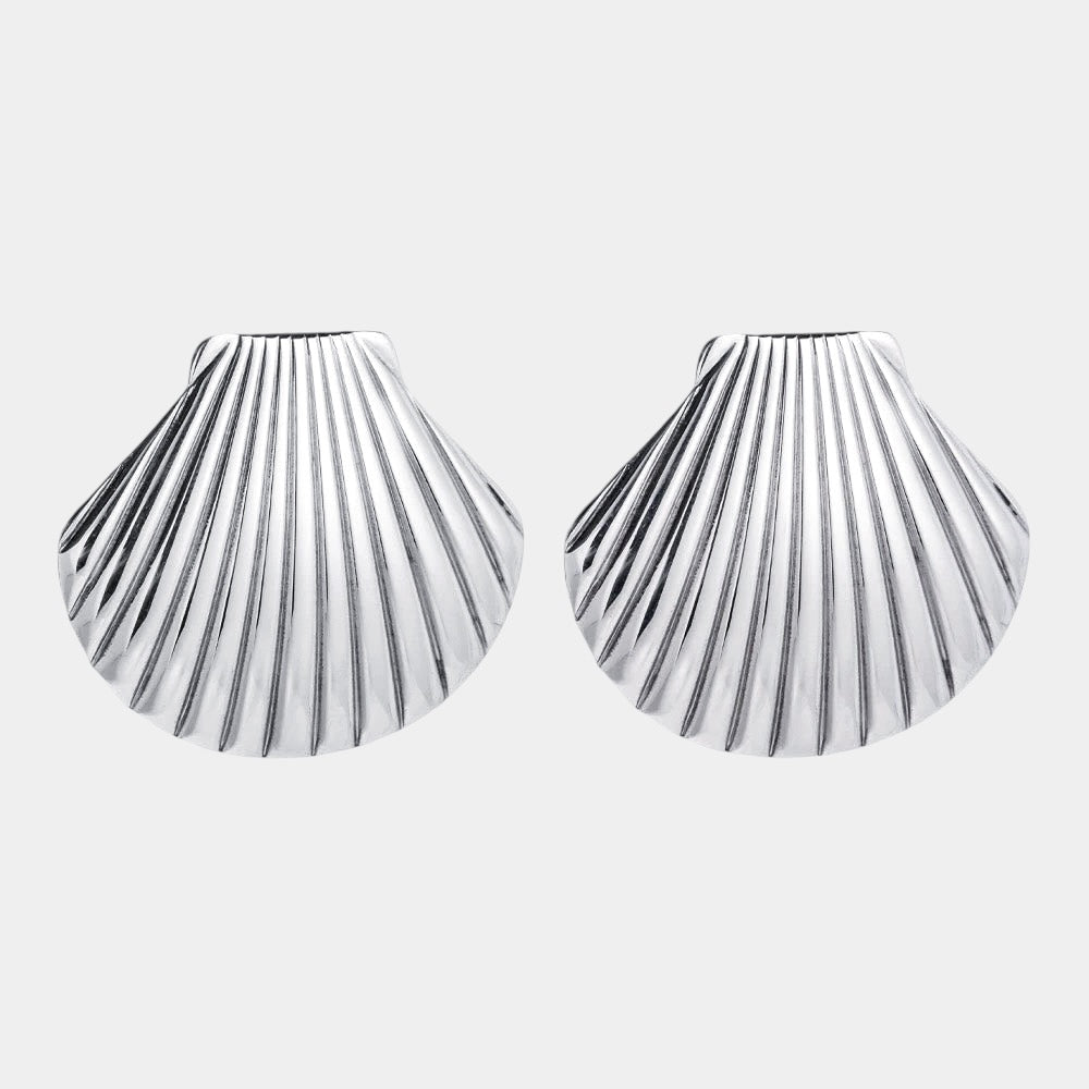 Silver  hypoallergenic stainless steel statement earrings shelly sea shell display photo trendy summer