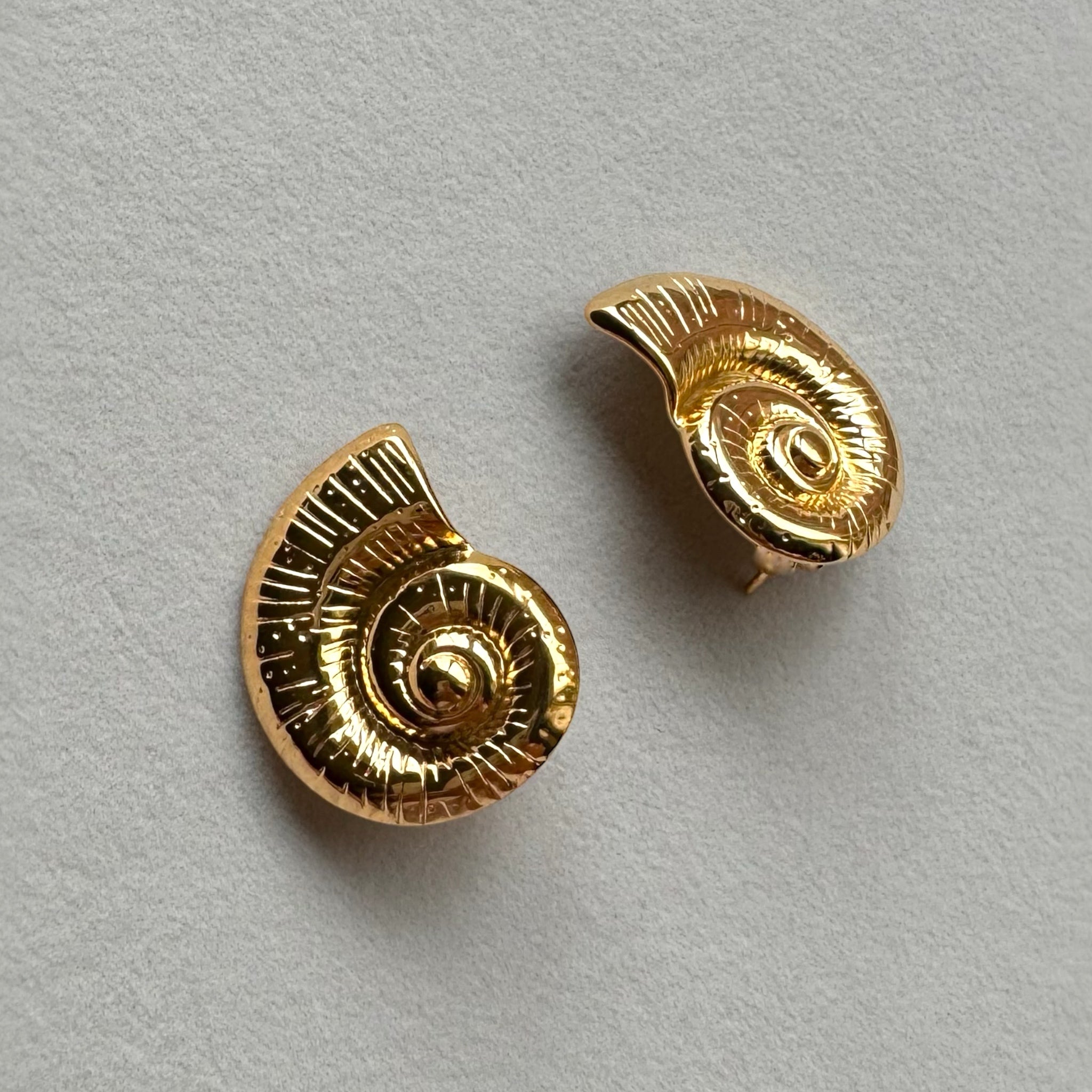 Clara shell 18k gold earrings front detailed photo sea