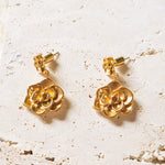 18k gold stainless steel hypoallergenic tarnish free rose drop earrings flower on rocks