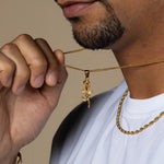 men 18k gold tarnish free stainless steel hypoallergenic chain rose necklace side photo on model